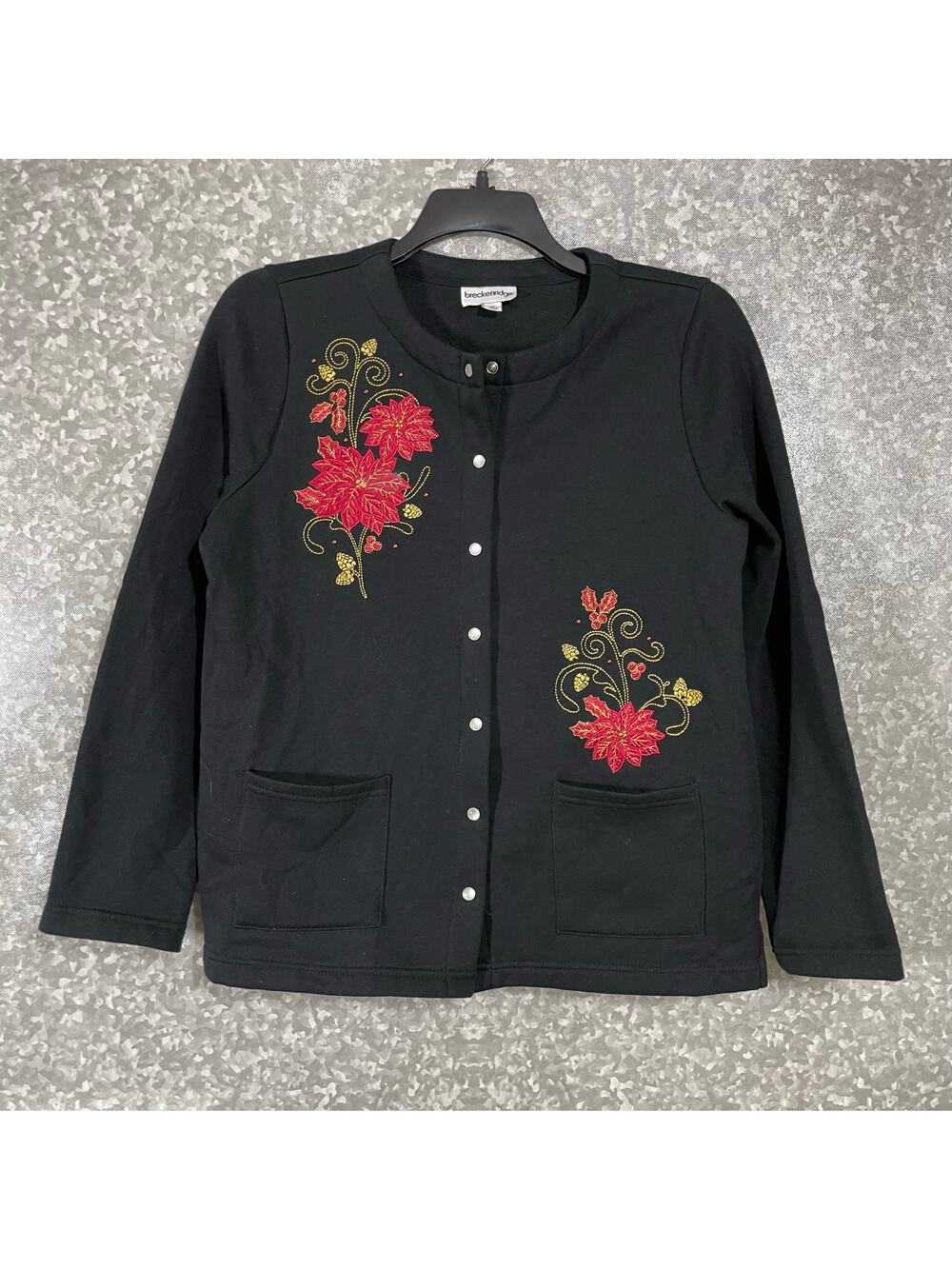 Breckenridge Women's Black Floral Embroidered Cardigan Granny Sweater - Medium